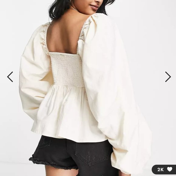 ASOS DESIGN V-neck Crochet Top with Frill Sleeve and Peplum Hem - Picture 2 of 7